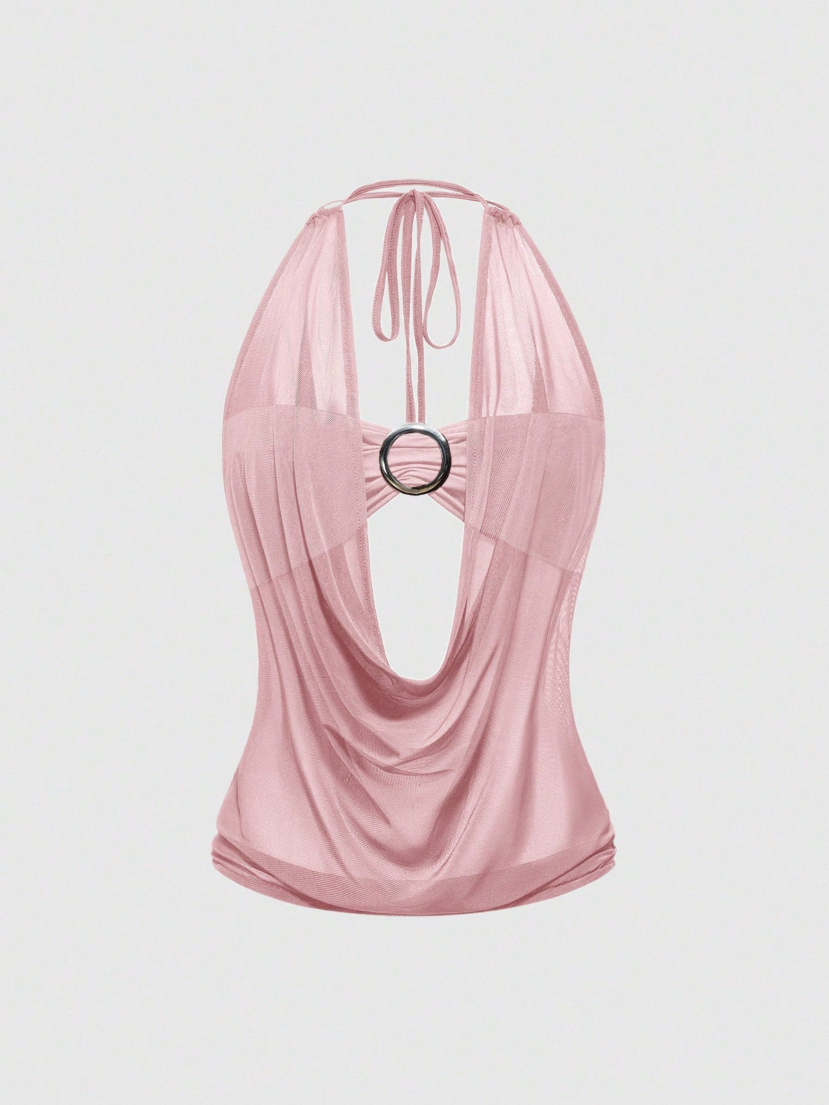 Women's cowl neck halter crop tank top featuring a draped backless design and matching bandeau inner layer.