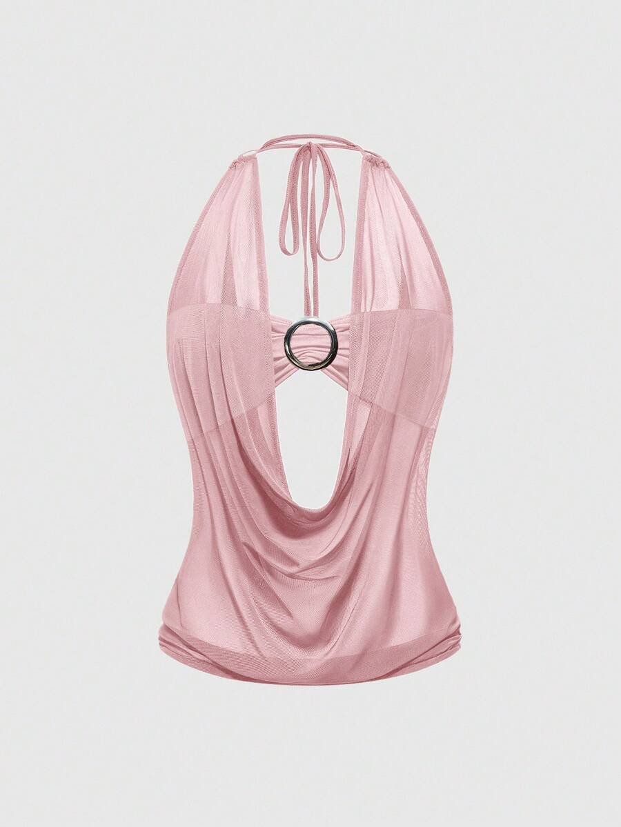 Women's cowl neck halter crop tank top featuring a draped backless design and matching bandeau inner layer.