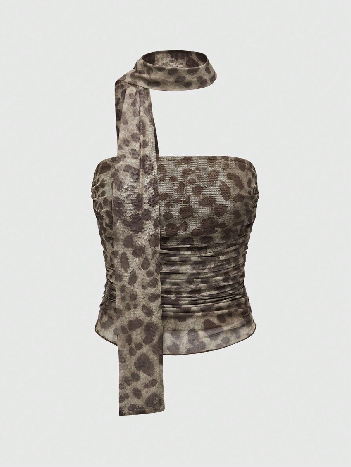 Women's black polka dot strapless tube top made of ruched mesh fabric featuring an asymmetrical hem and matching scarf.