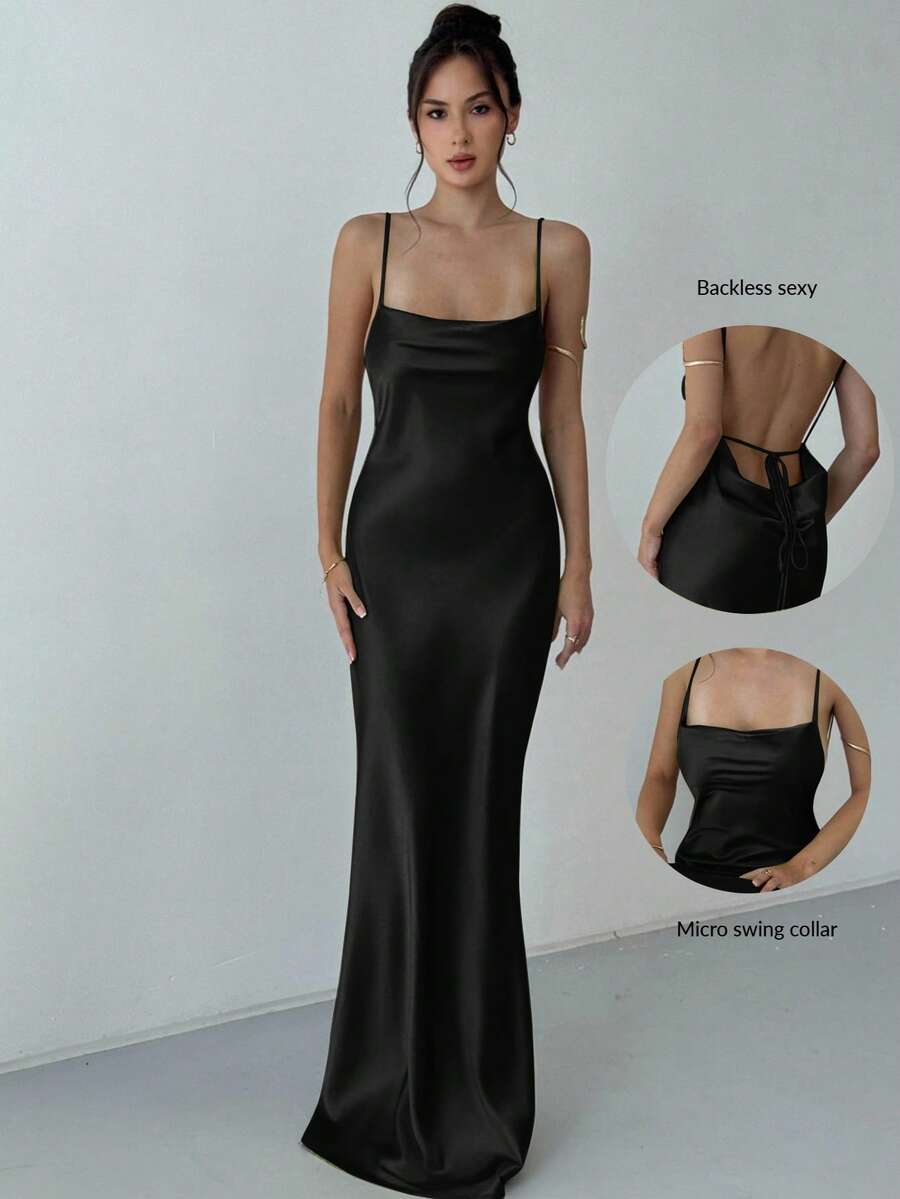 Beige satin backless maxi dress featuring criss-cross spaghetti straps and a mermaid hemline.