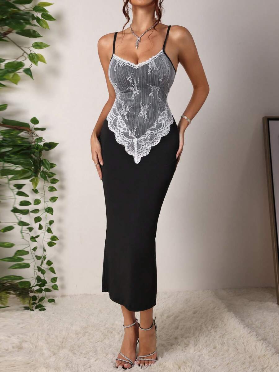 Women's black lace patchwork bodycon midi dress with sleeveless slim fit cut.
