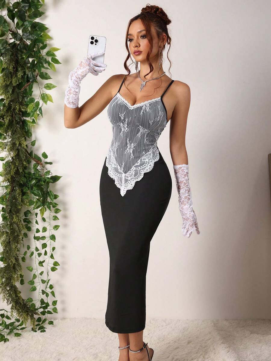 Women's black lace patchwork bodycon midi dress with sleeveless slim fit cut.