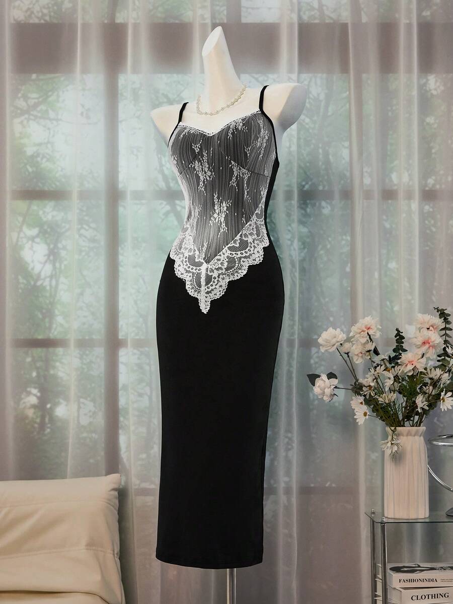 Women's black lace patchwork bodycon midi dress with sleeveless slim fit cut.