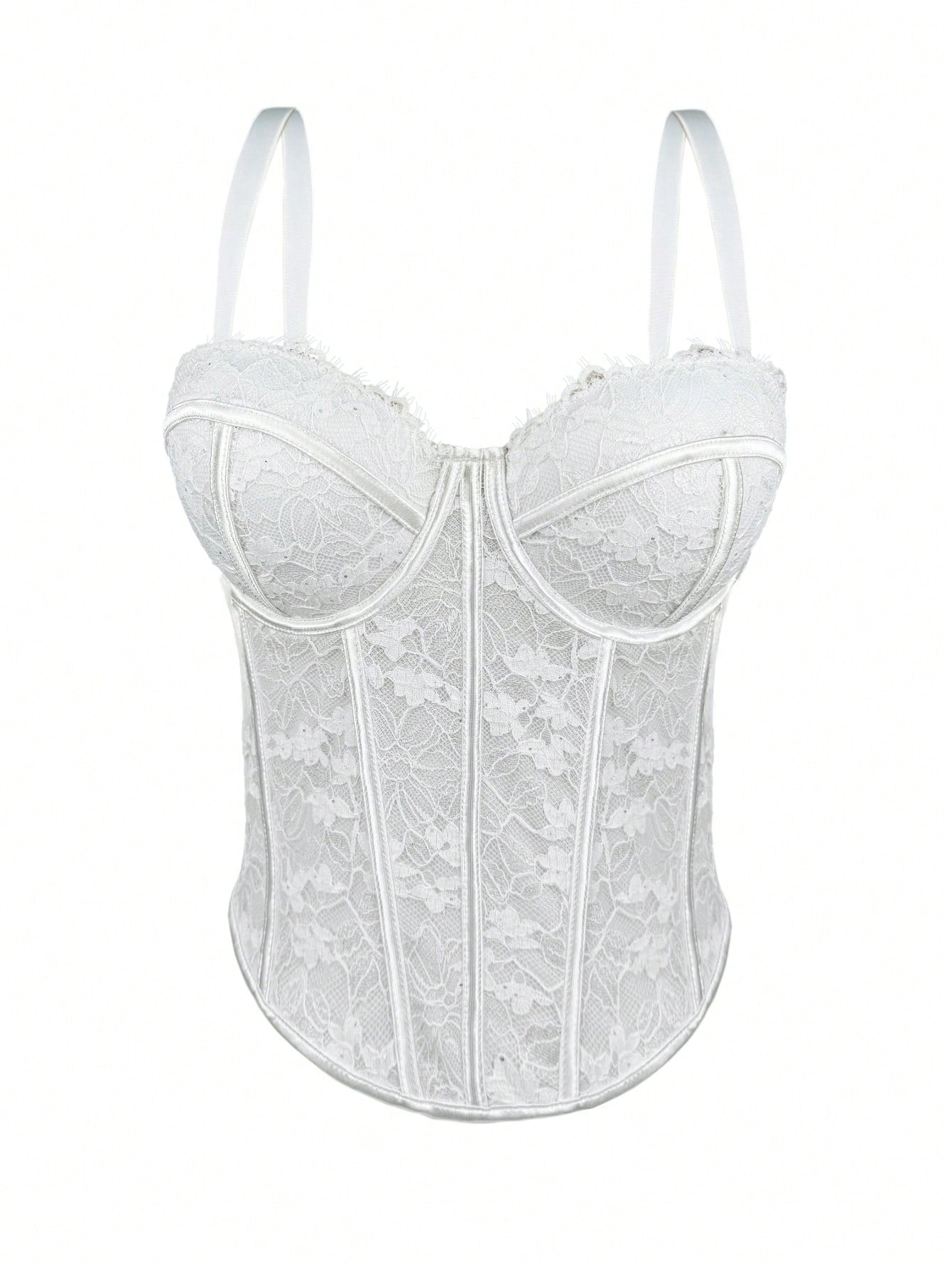 Black women's shaping cami with contrast lace, spaghetti straps, asymmetrical hem, lined body, and slim fit for casual and night-out styling.