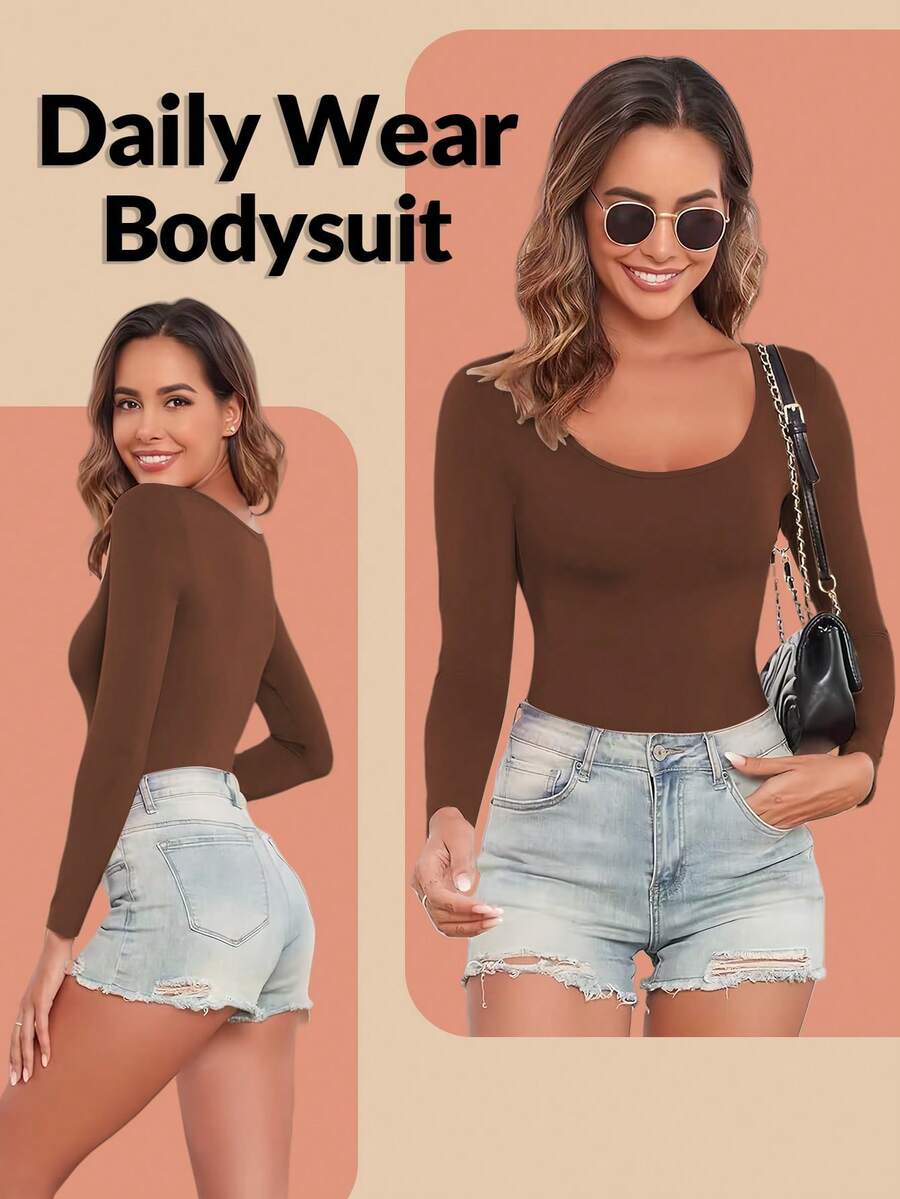 Women's black seamless bodysuit shapewear with tummy control and butt lift design.