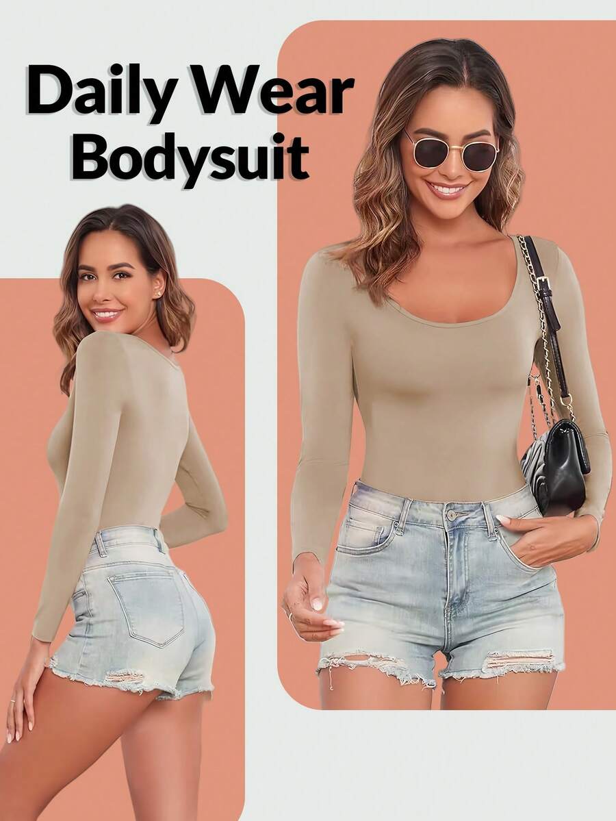 Women's black seamless bodysuit shapewear with tummy control and butt lift design.
