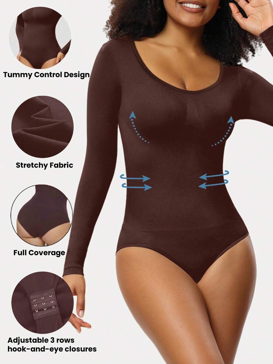 Black seamless long sleeve crew neck shapewear bodysuit for women featuring full coverage tummy control.