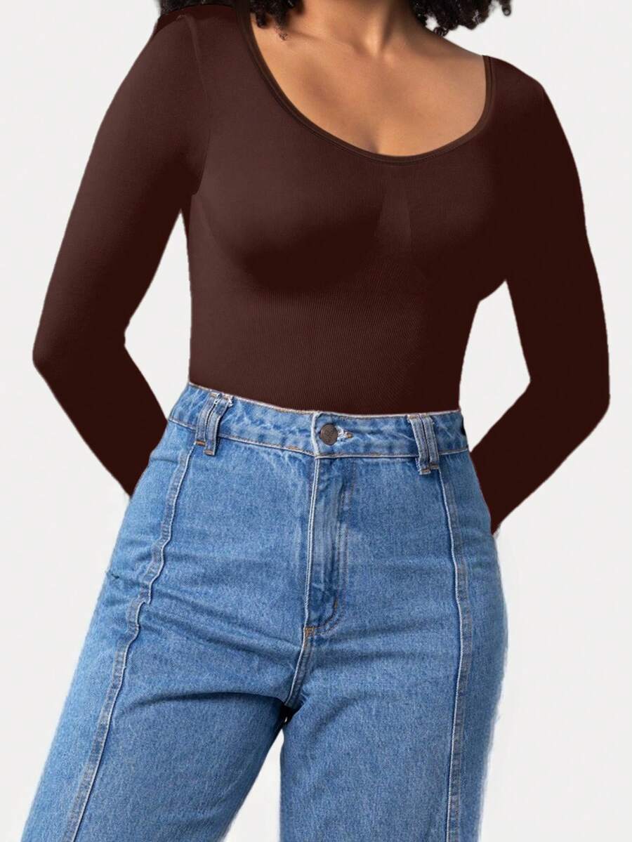 Black seamless long sleeve crew neck shapewear bodysuit for women featuring full coverage tummy control.