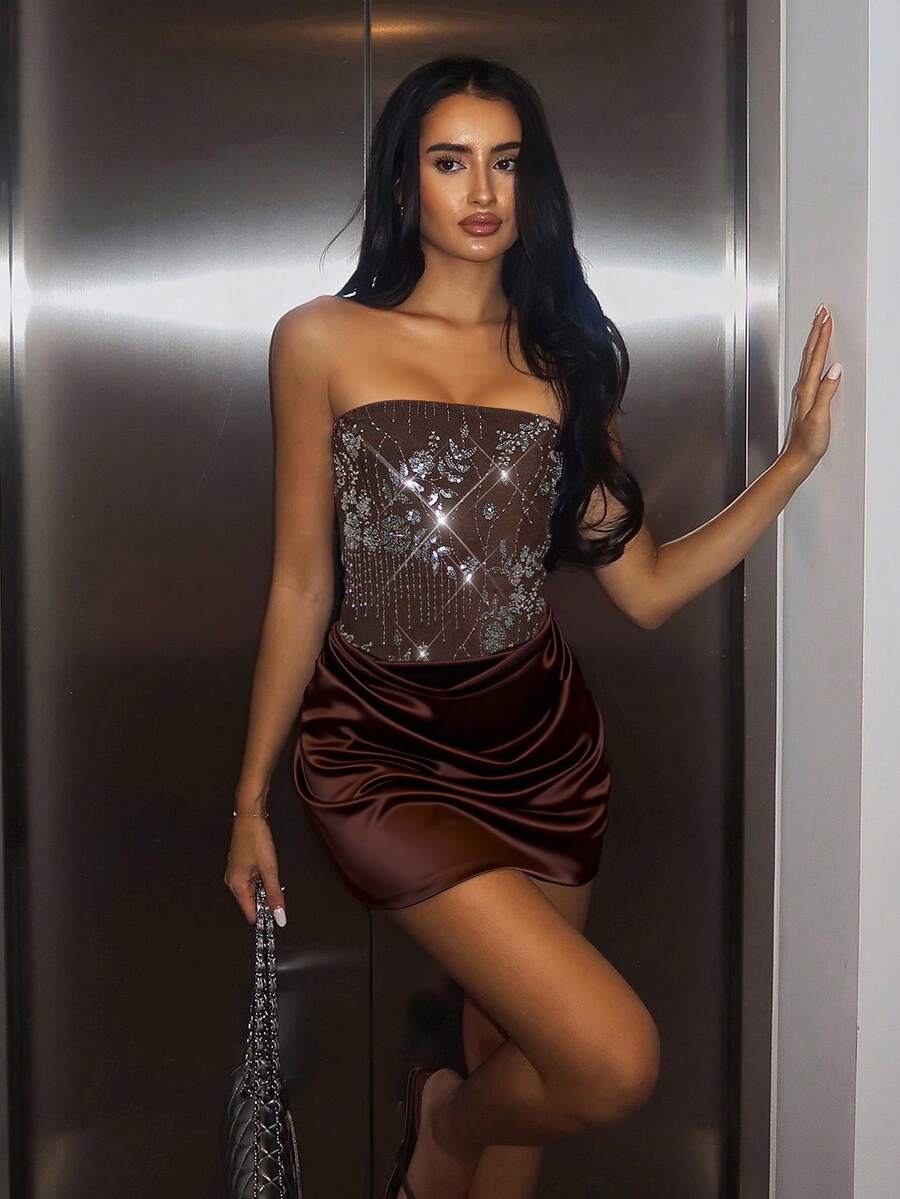 Women's strapless brown sequin mini dress featuring a backless ruched design, high waist, and slim fit bodycon silhouette for night out party outfits.