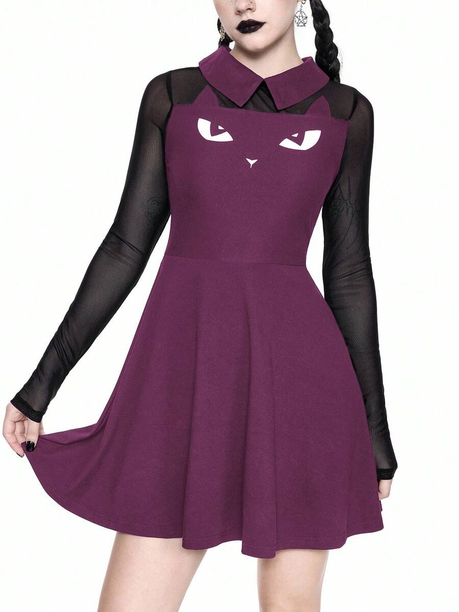 Women wearing a black gothic Halloween cat graphic print mini dress with a collar, extra-long sleeves, and a high waist fit and flare silhouette.