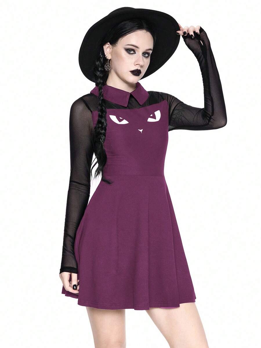 Women wearing a black gothic Halloween cat graphic print mini dress with a collar, extra-long sleeves, and a high waist fit and flare silhouette.