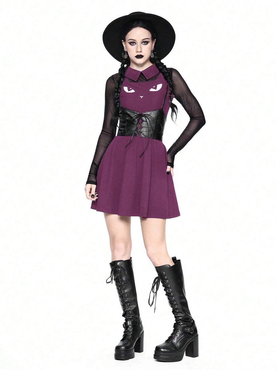 Women wearing a black gothic Halloween cat graphic print mini dress with a collar, extra-long sleeves, and a high waist fit and flare silhouette.
