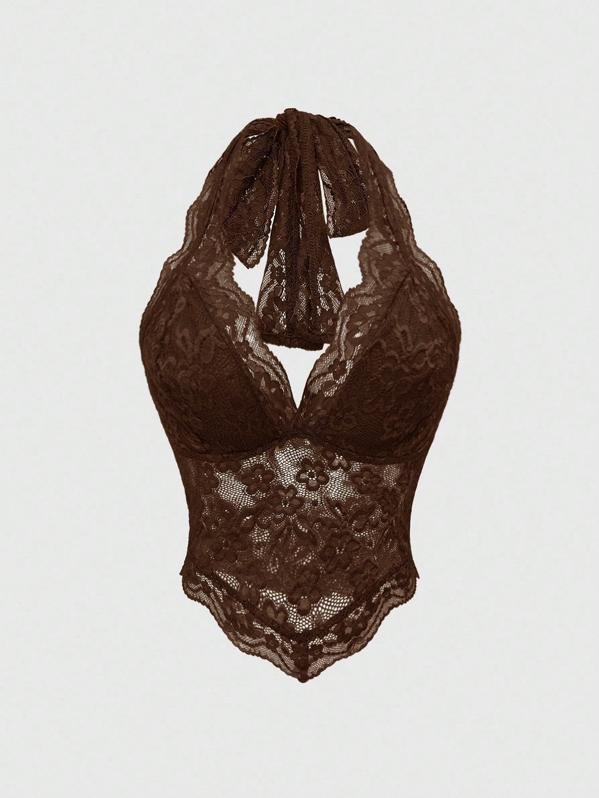 Women's black lace halter neck camisole featuring a backless crop silhouette, contrast lace trim, and scallop hem.