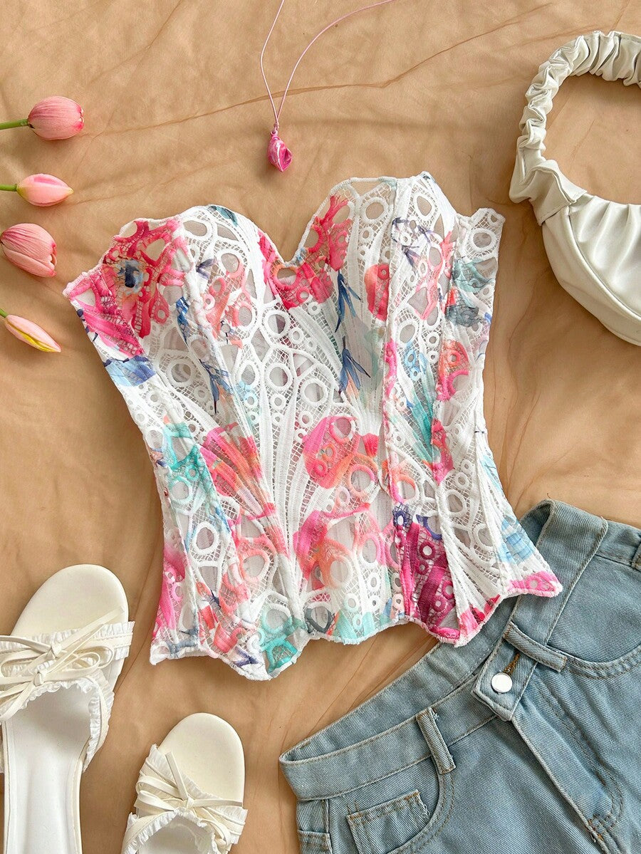 Strapless floral lace corset top with lace-up detail, asymmetrical hem, and slim fit for women.