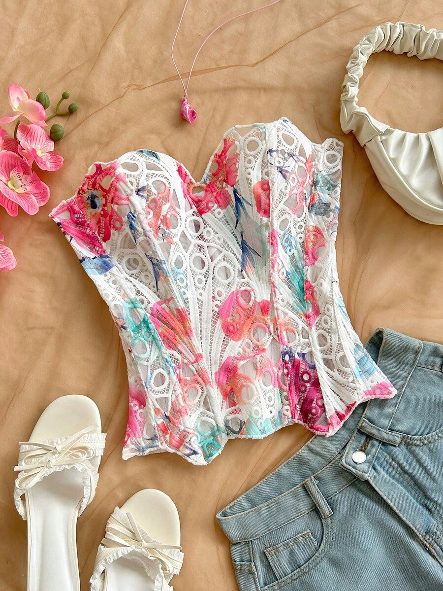 Strapless floral lace corset top with lace-up detail, asymmetrical hem, and slim fit for women.