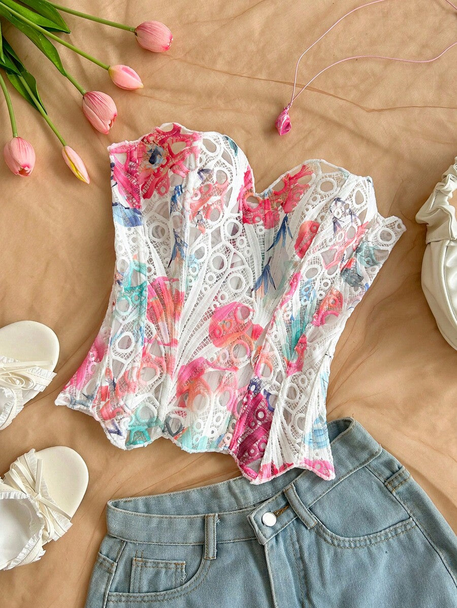 Strapless floral lace corset top with lace-up detail, asymmetrical hem, and slim fit for women.