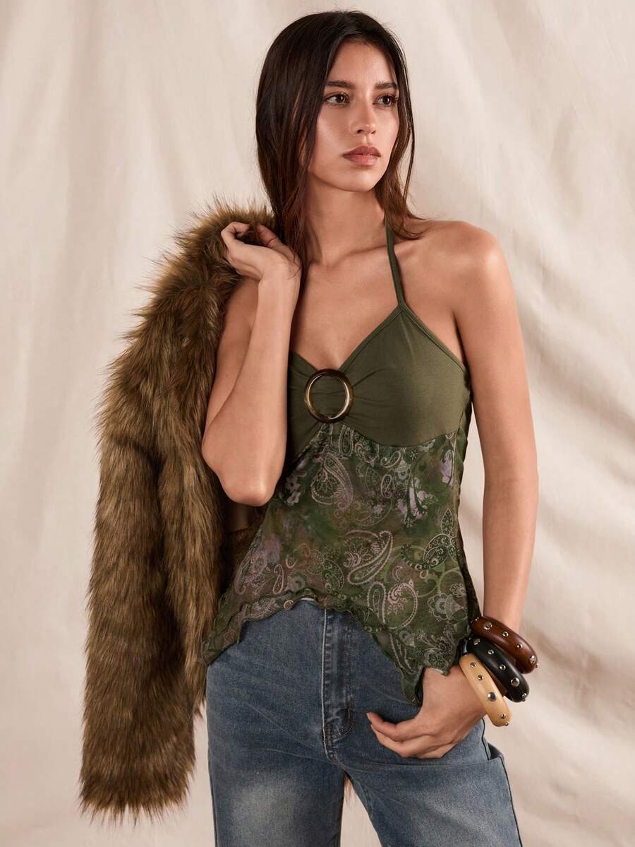 Women's backless halter cami top featuring a paisley print, sleeveless design, and an asymmetrical hem in knitted fabric.