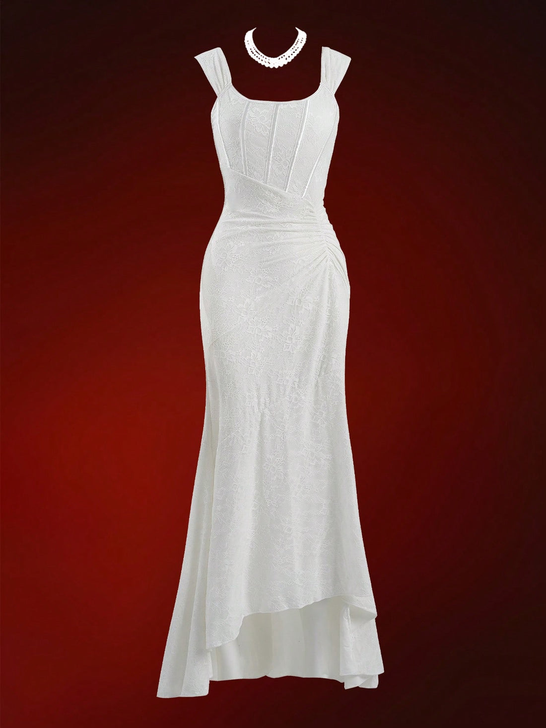 Front view of a beige sleeveless ruched bodycon midi dress for women with straps, high waist design, and elegant mermaid hem.