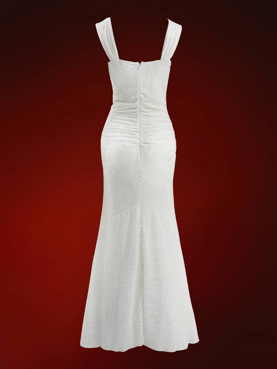 Front view of a beige sleeveless ruched bodycon midi dress for women with straps, high waist design, and elegant mermaid hem.