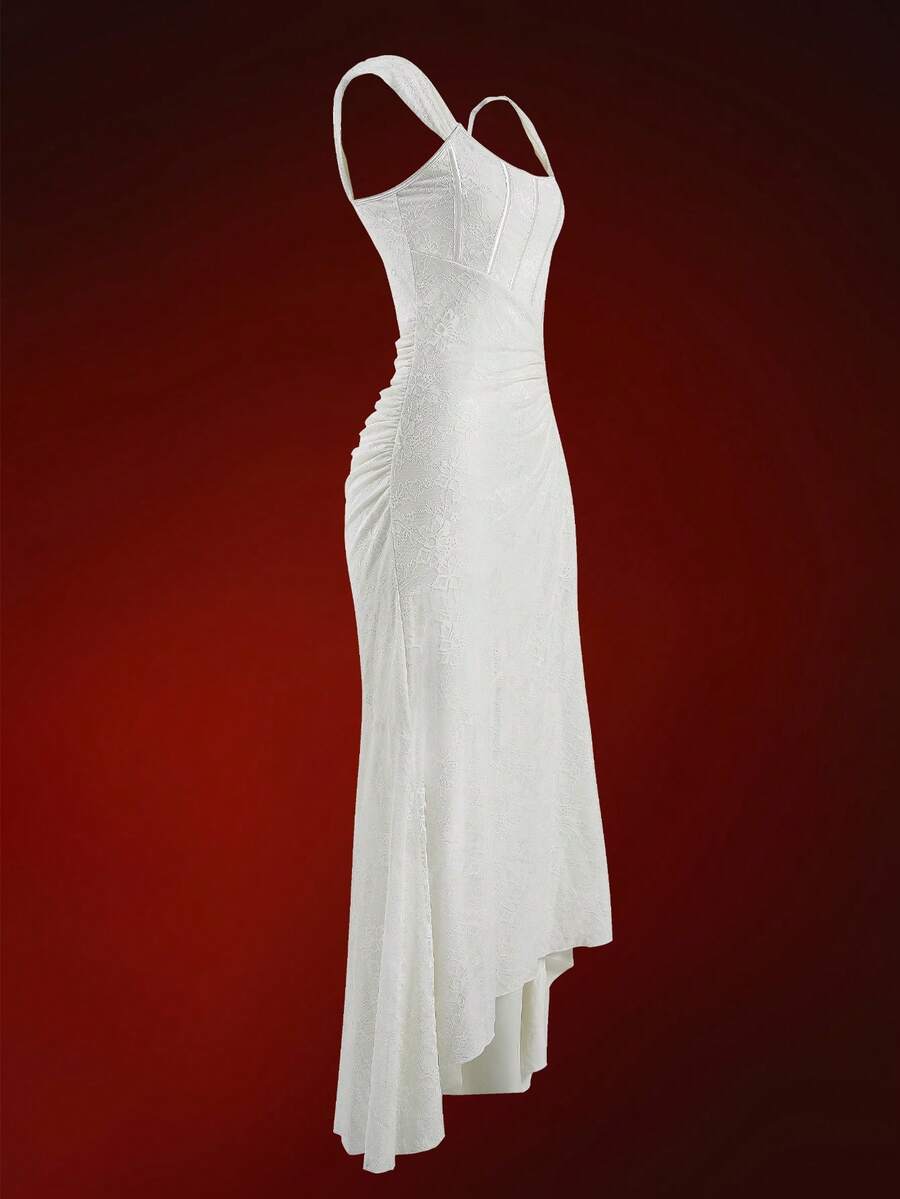 Front view of a beige sleeveless ruched bodycon midi dress for women with straps, high waist design, and elegant mermaid hem.