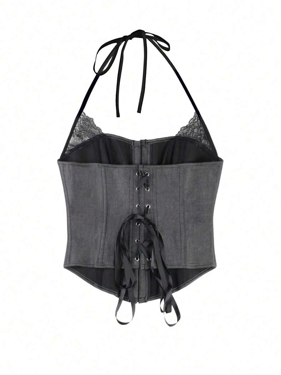 Black Y2K fitted corset crop top featuring a halter neckline, backless design, front hook closure, and back lace-up detail.