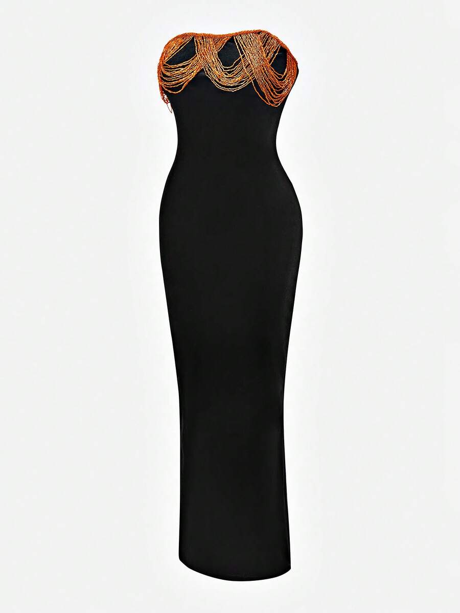Black strapless bodycon maxi dress featuring a backless design, split thigh, and matching long arm sleeves.