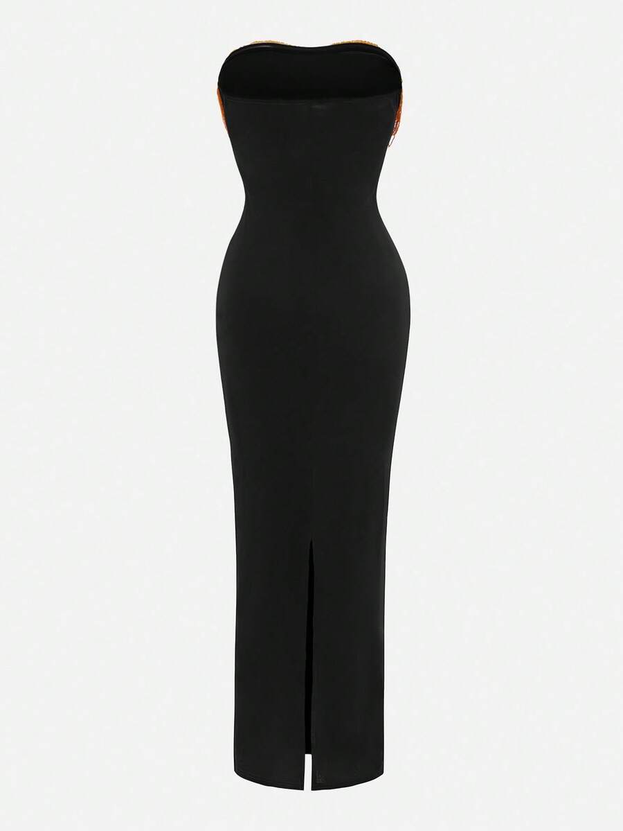Black strapless bodycon maxi dress featuring a backless design, split thigh, and matching long arm sleeves.