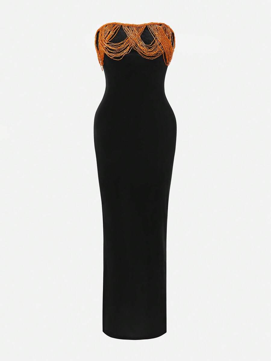 Black strapless bodycon maxi dress featuring a backless design, split thigh, and matching long arm sleeves.