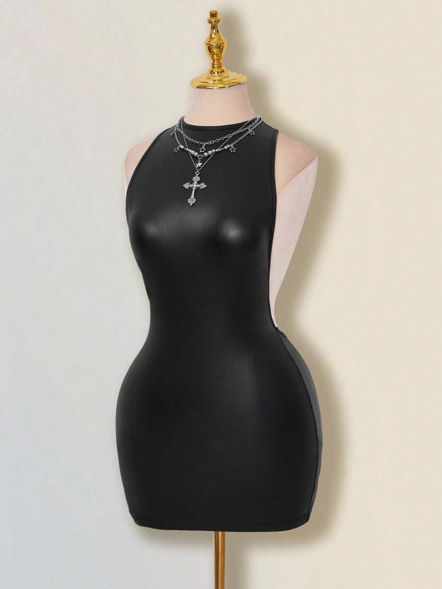 Apricot criss-cross backless bodycon mini dress for women featuring a round neck and rhinestone accent details.