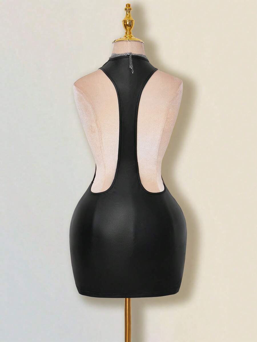 Apricot criss-cross backless bodycon mini dress for women featuring a round neck and rhinestone accent details.