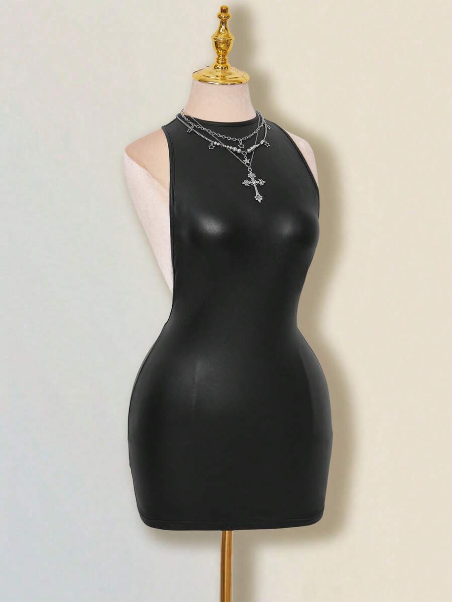 Apricot criss-cross backless bodycon mini dress for women featuring a round neck and rhinestone accent details.