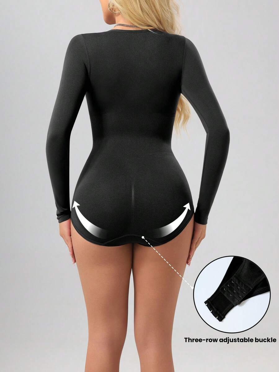 Black seamless long sleeve crew neck shapewear bodysuit for women featuring full coverage tummy control.