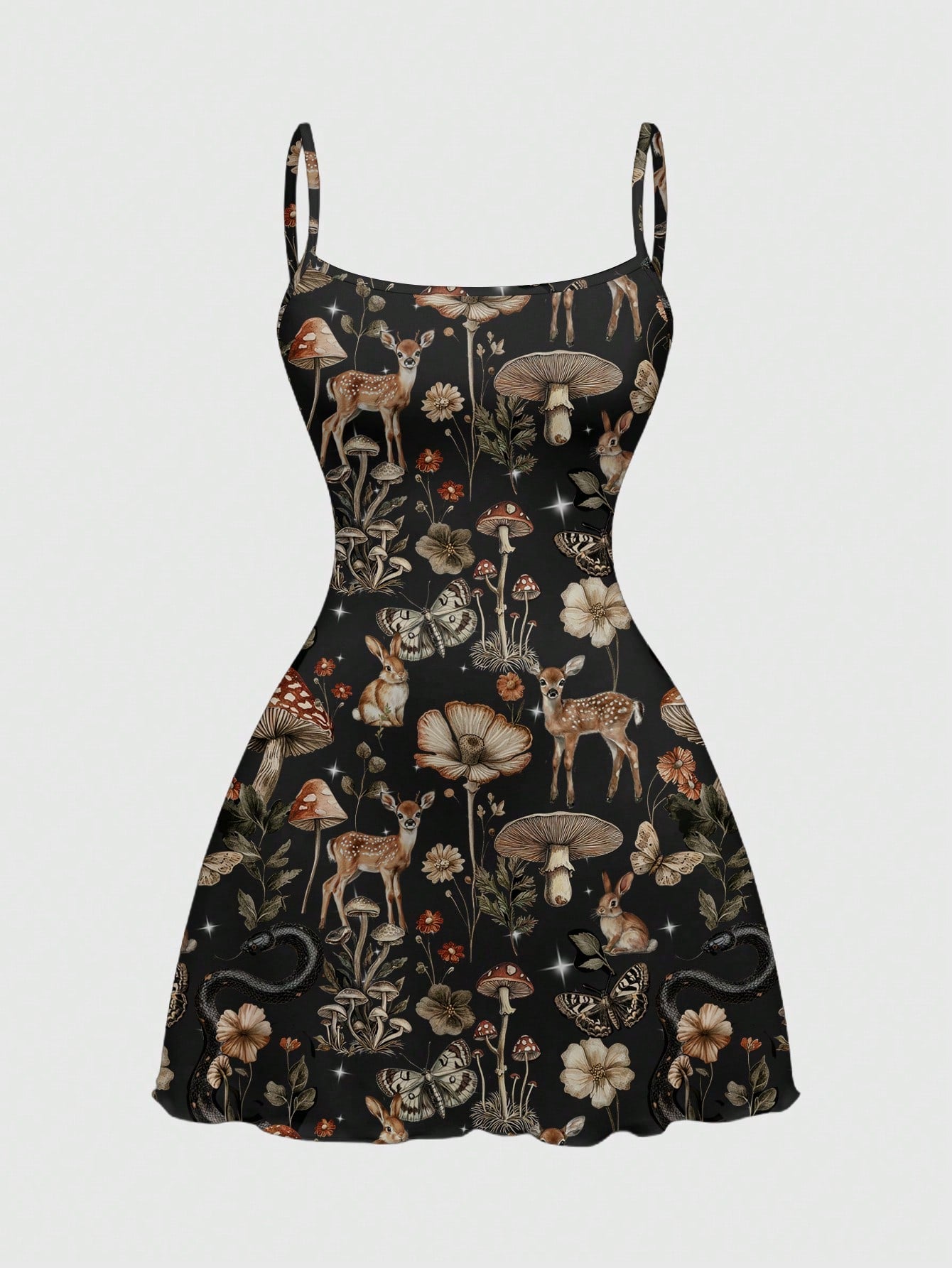 Beige graphic cami mini dress for women featuring a backless slim fit design, high waist flared hem, lettuce trim, spaghetti straps, and arm sleeves.