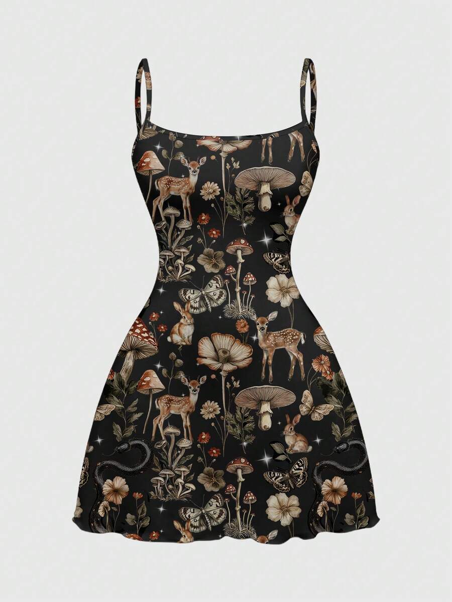 Beige graphic cami mini dress for women featuring a backless slim fit design, high waist flared hem, lettuce trim, spaghetti straps, and arm sleeves.