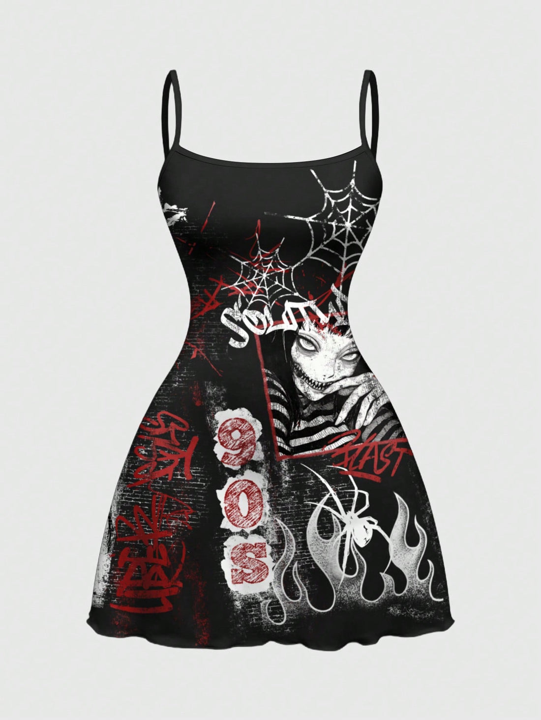 Women's black backless cami mini dress featuring spaghetti straps, lettuce trim detail, high waist, and a flared hem design.