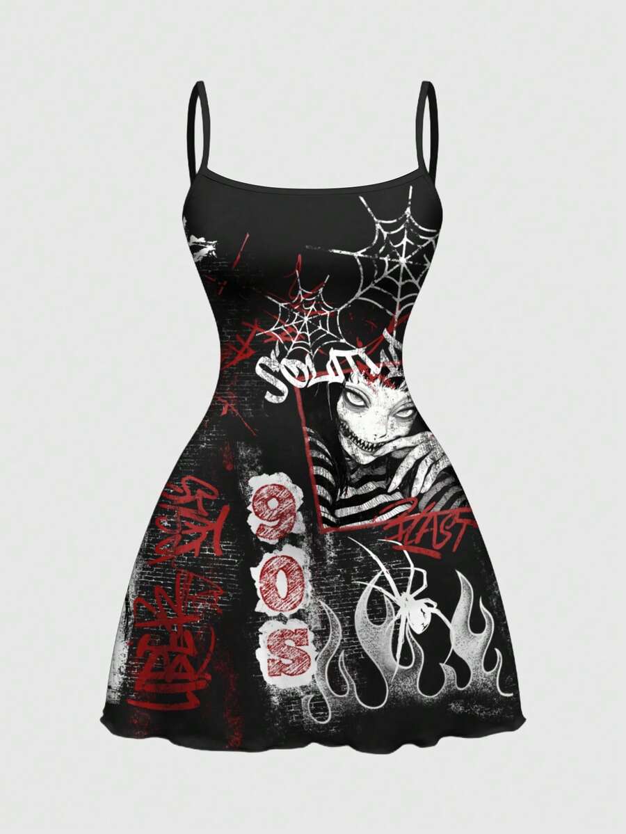Women's black backless cami mini dress featuring spaghetti straps, lettuce trim detail, high waist, and a flared hem design.