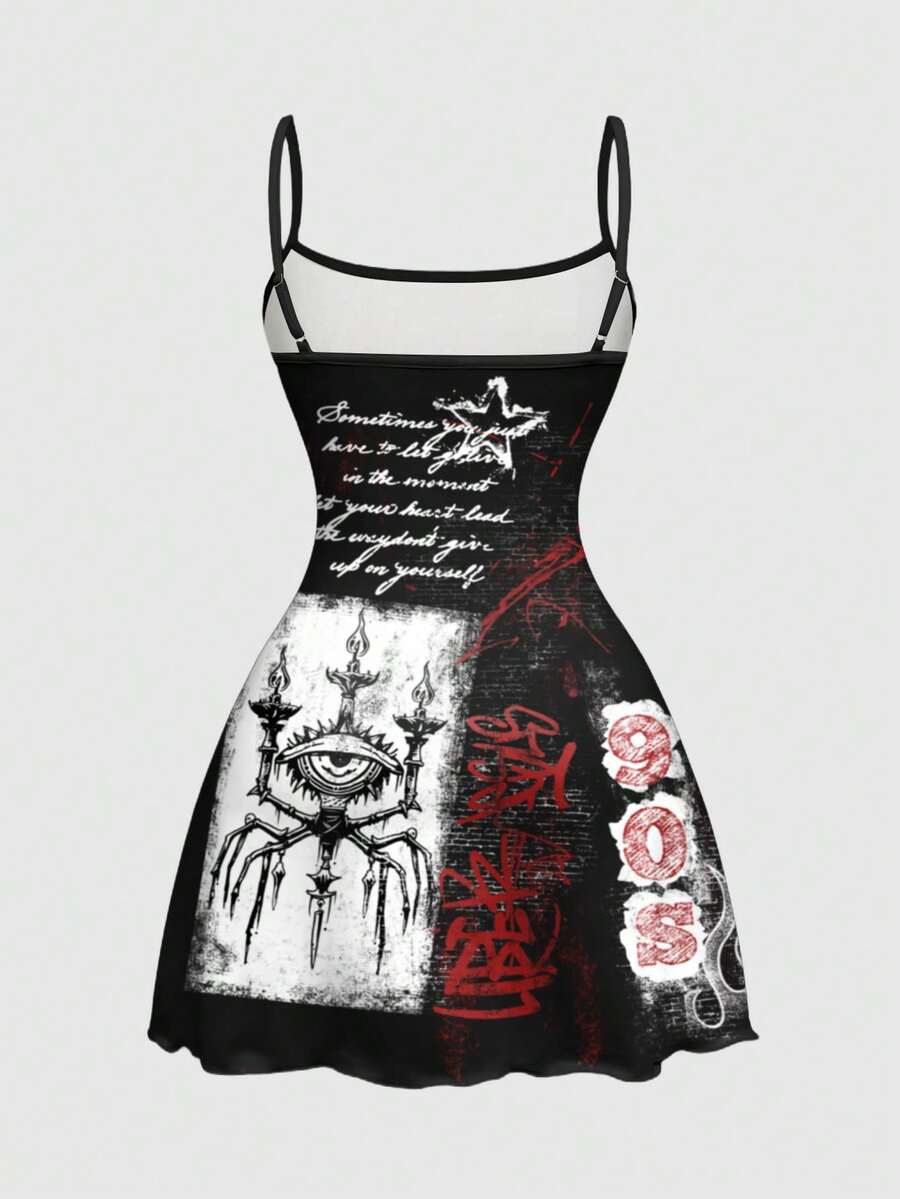 Women's black backless cami mini dress featuring spaghetti straps, lettuce trim detail, high waist, and a flared hem design.