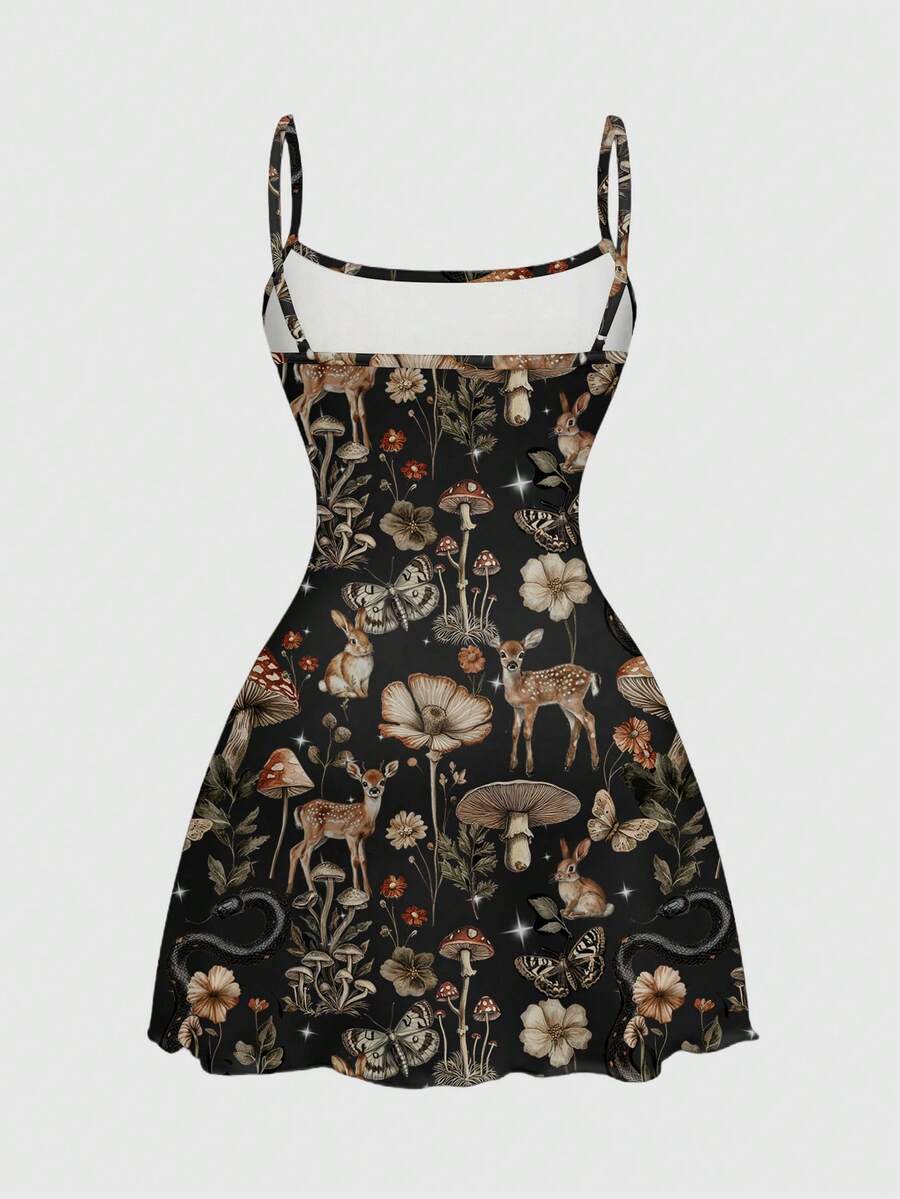 Beige graphic cami mini dress for women featuring a backless slim fit design, high waist flared hem, lettuce trim, spaghetti straps, and arm sleeves.