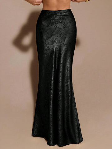 Black low waist extra long mermaid maxi skirt with asymmetrical zipper detail and side slit.
