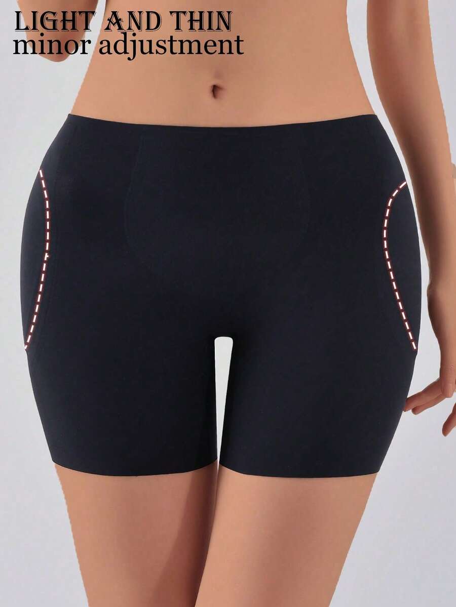 Women's apricot seamless padded shapewear panties featuring tummy control design and teardrop foam padding.