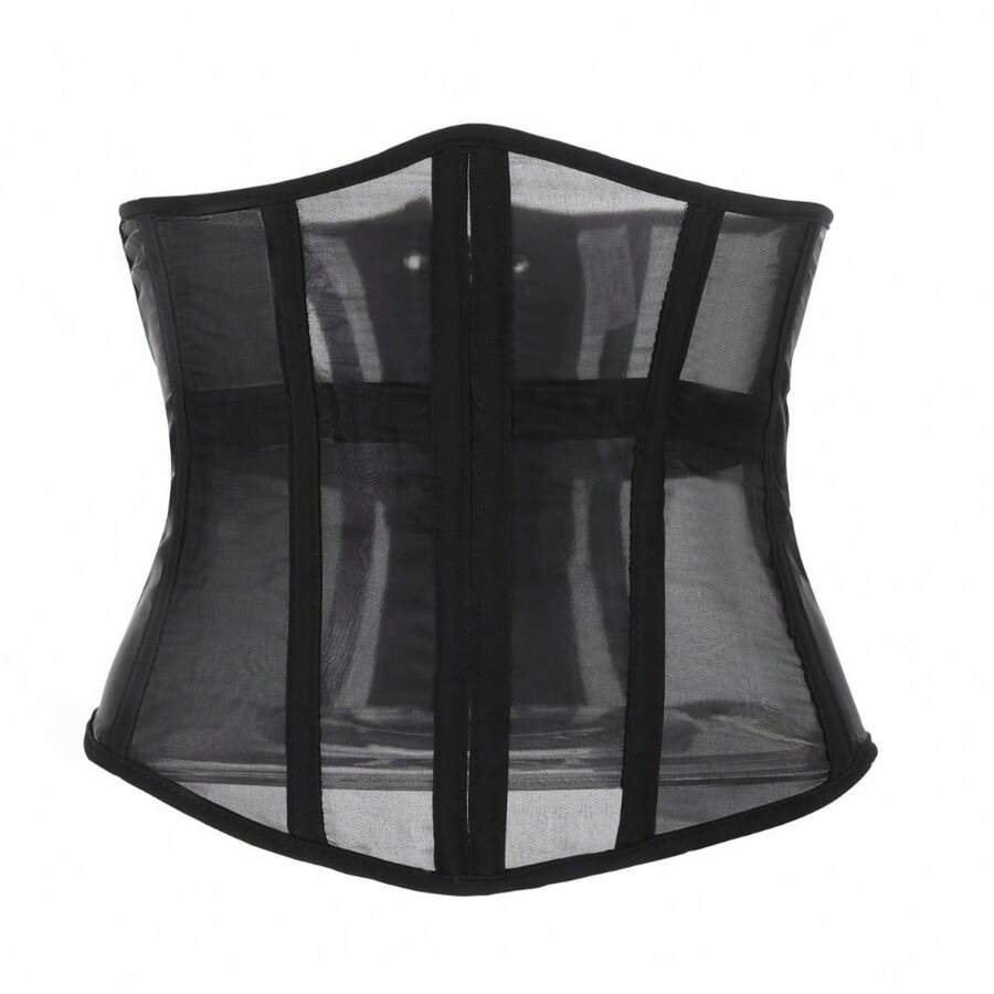 Women's black sheer mesh bustier corset top featuring a vintage slim fit overbust silhouette with subtle floral details.