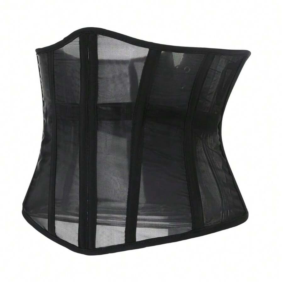 Women's black sheer mesh bustier corset top featuring a vintage slim fit overbust silhouette with subtle floral details.