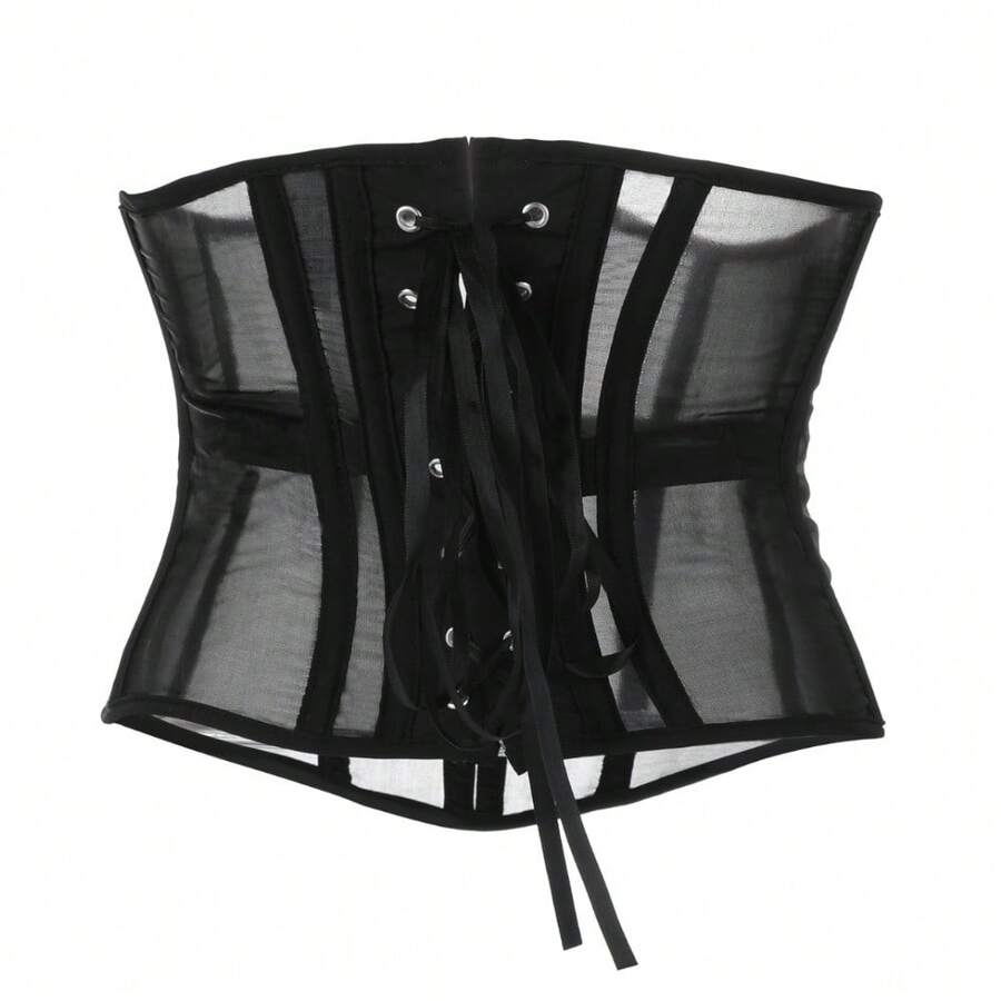 Women's black sheer mesh bustier corset top featuring a vintage slim fit overbust silhouette with subtle floral details.