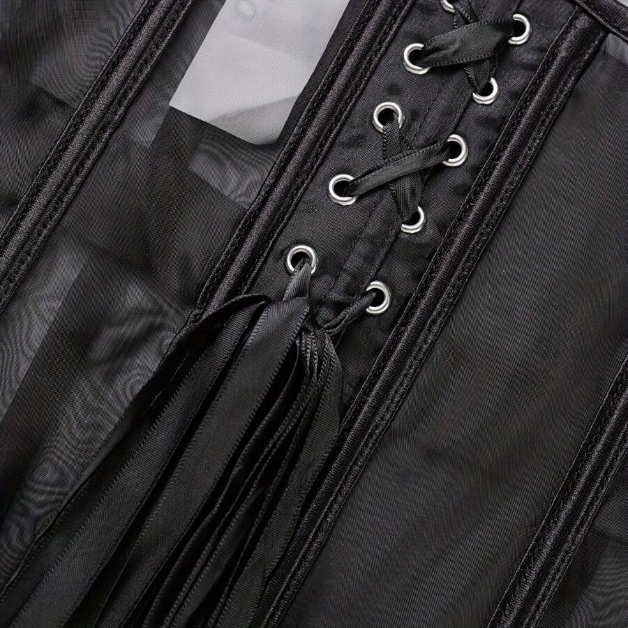 Women's black sheer mesh bustier corset top featuring a vintage slim fit overbust silhouette with subtle floral details.