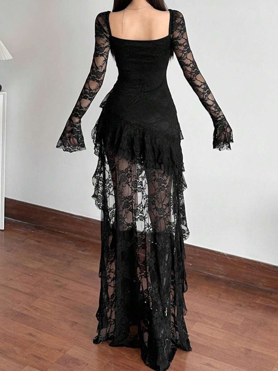 Women's solid color square neck midi dress with contrast lace patchwork, long flare sleeves, high waist, and an asymmetrical hem.
