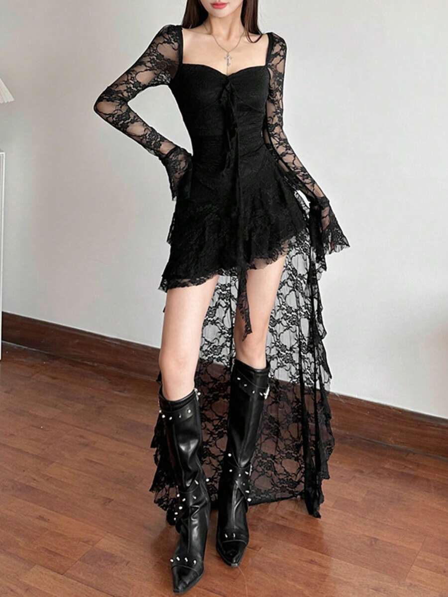 Women's solid color square neck midi dress with contrast lace patchwork, long flare sleeves, high waist, and an asymmetrical hem.