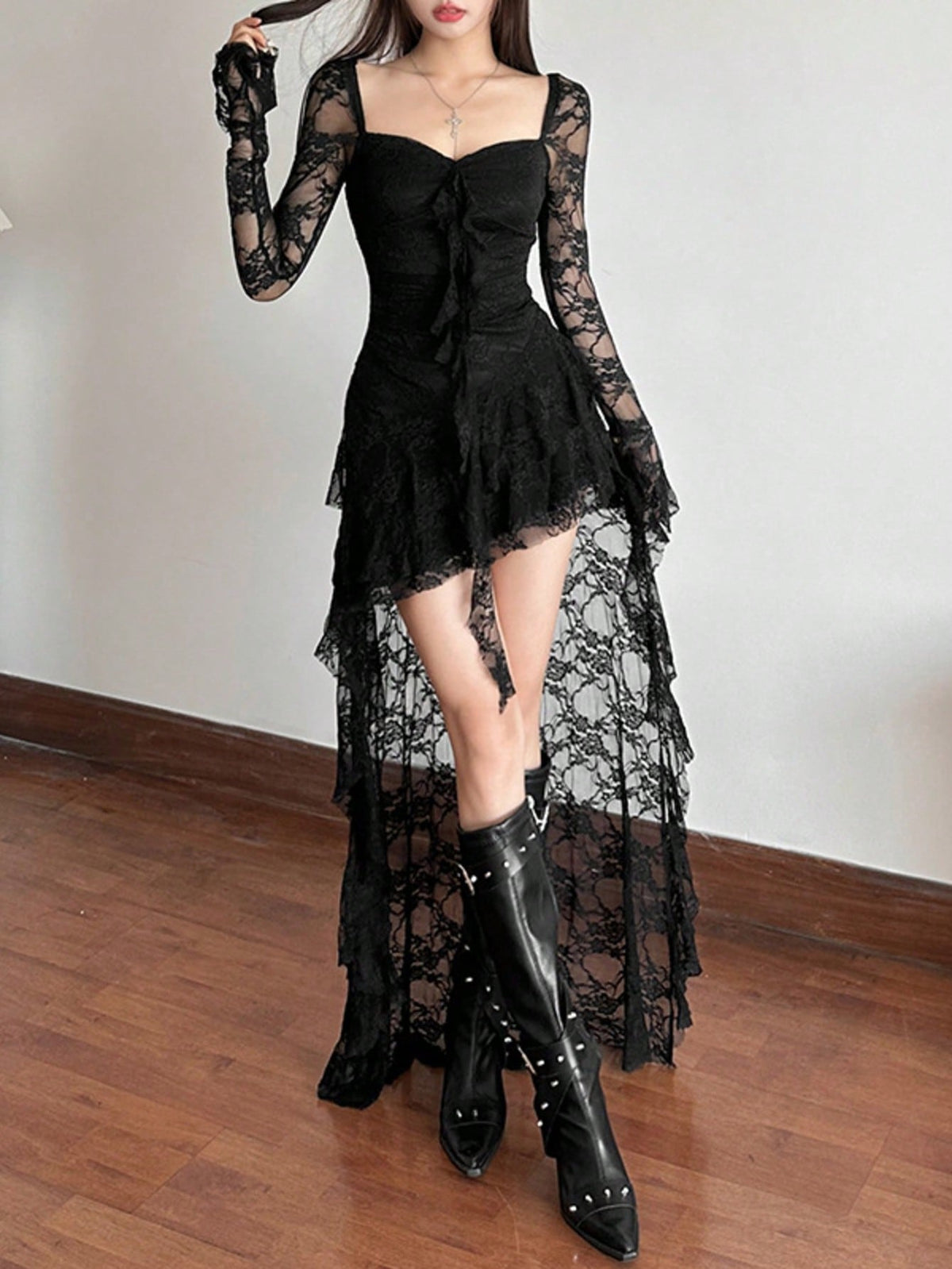 Women's solid color square neck midi dress with contrast lace patchwork, long flare sleeves, high waist, and an asymmetrical hem.
