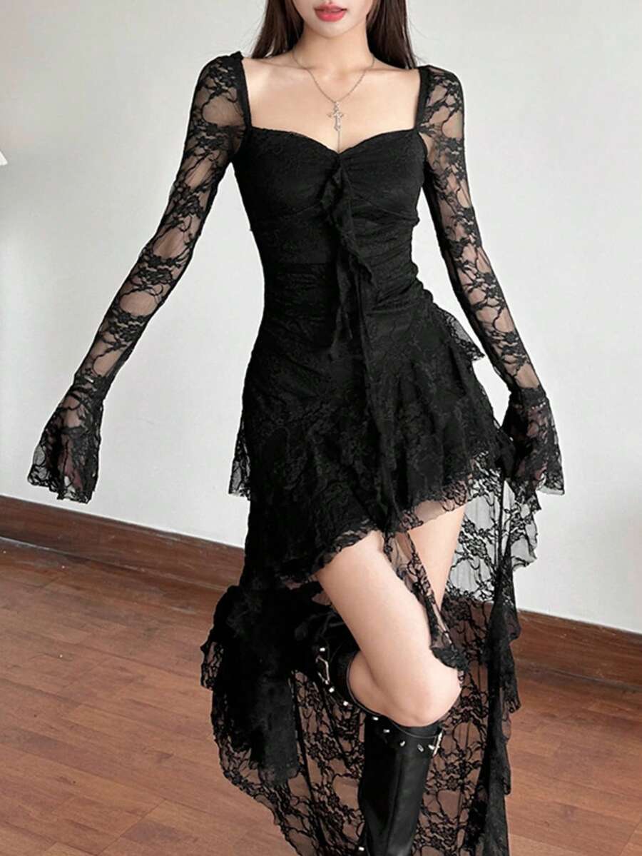 Women's solid color square neck midi dress with contrast lace patchwork, long flare sleeves, high waist, and an asymmetrical hem.