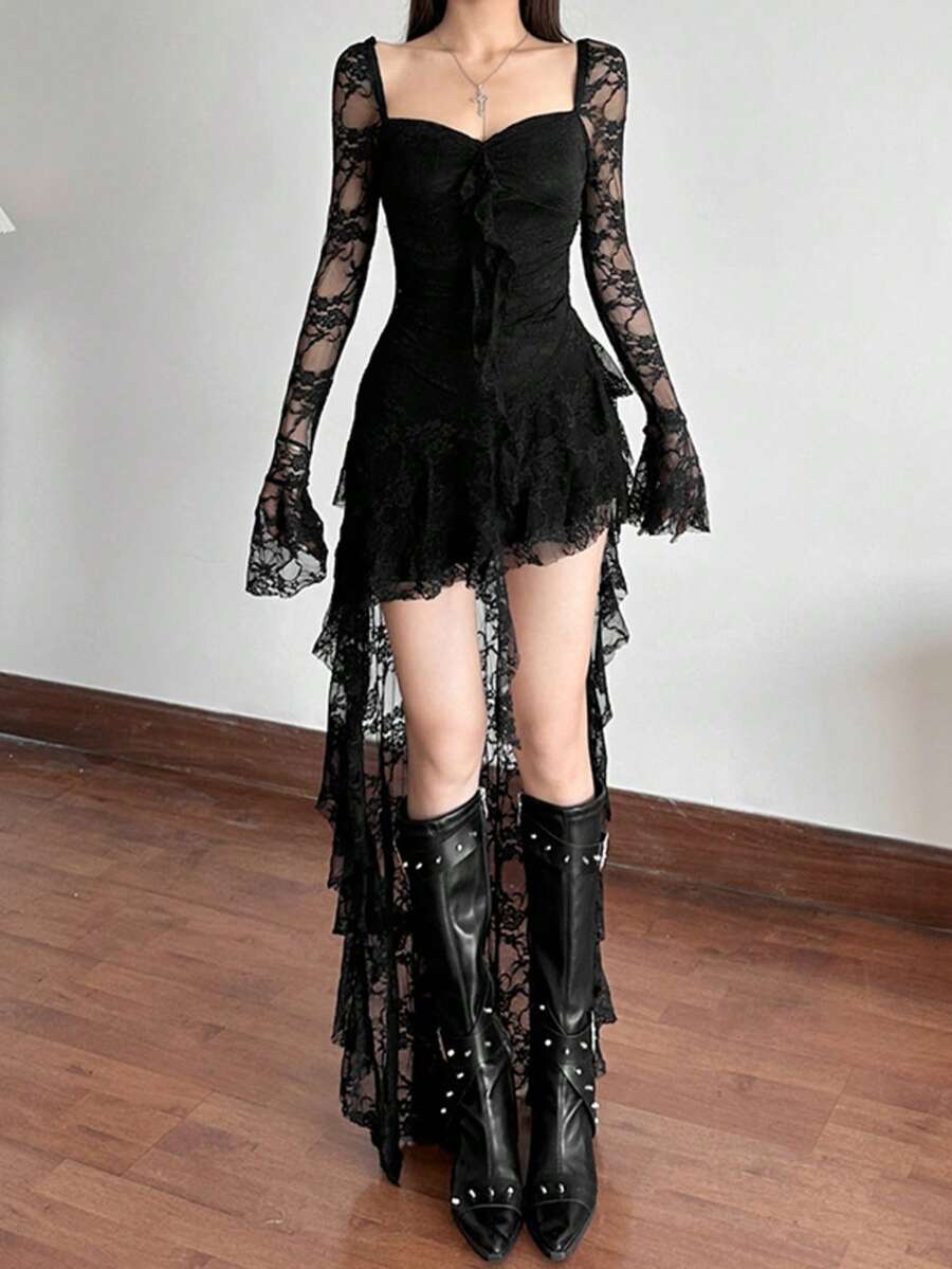 Women's solid color square neck midi dress with contrast lace patchwork, long flare sleeves, high waist, and an asymmetrical hem.