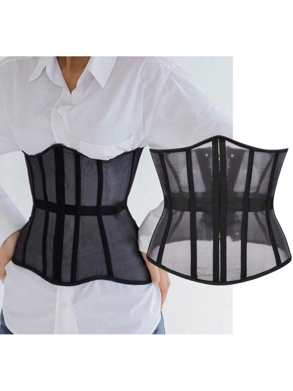 Women's black sheer mesh bustier corset top featuring a vintage slim fit overbust silhouette with subtle floral details.
